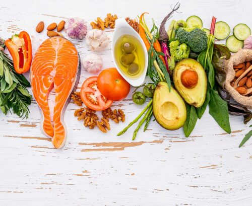 Mediterranean diet ingredient - vegetables, nuts, oily fish, olive oil