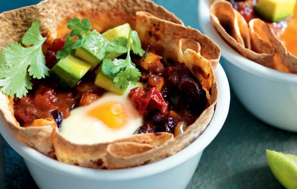 Mexican baked eggs in tortilla baskets