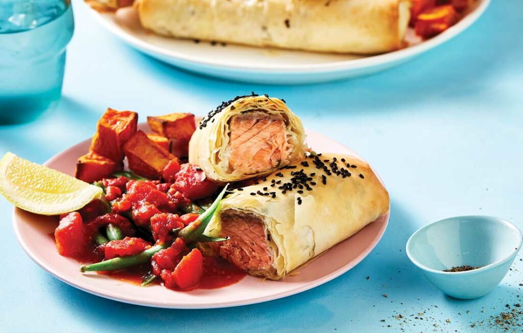 Cheat’s salmon filo pies