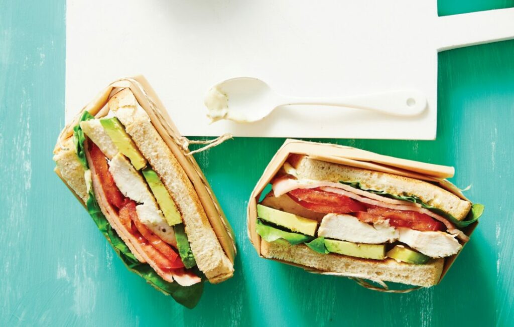 Grilled chicken, bacon and avo club with herbed mayo Grilled chicken, bacon and avo club with herbed mayo