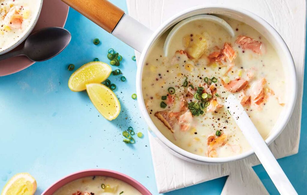 Salmon, corn and quinoa chowder