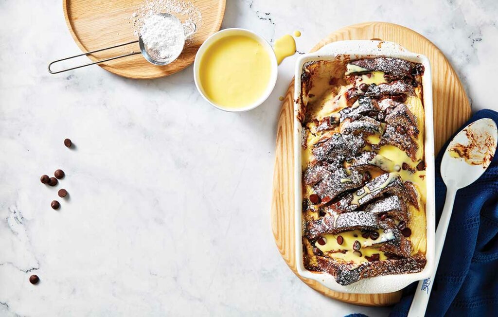 Chocolate chip bread and butter pudding