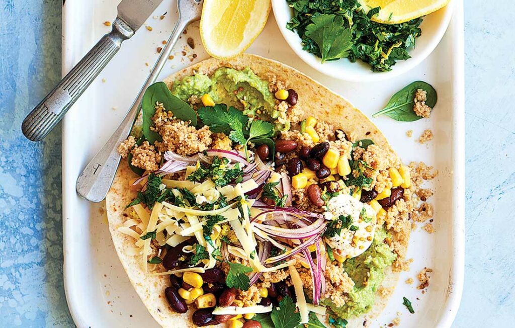 Dukkah bean and couscous soft tacos