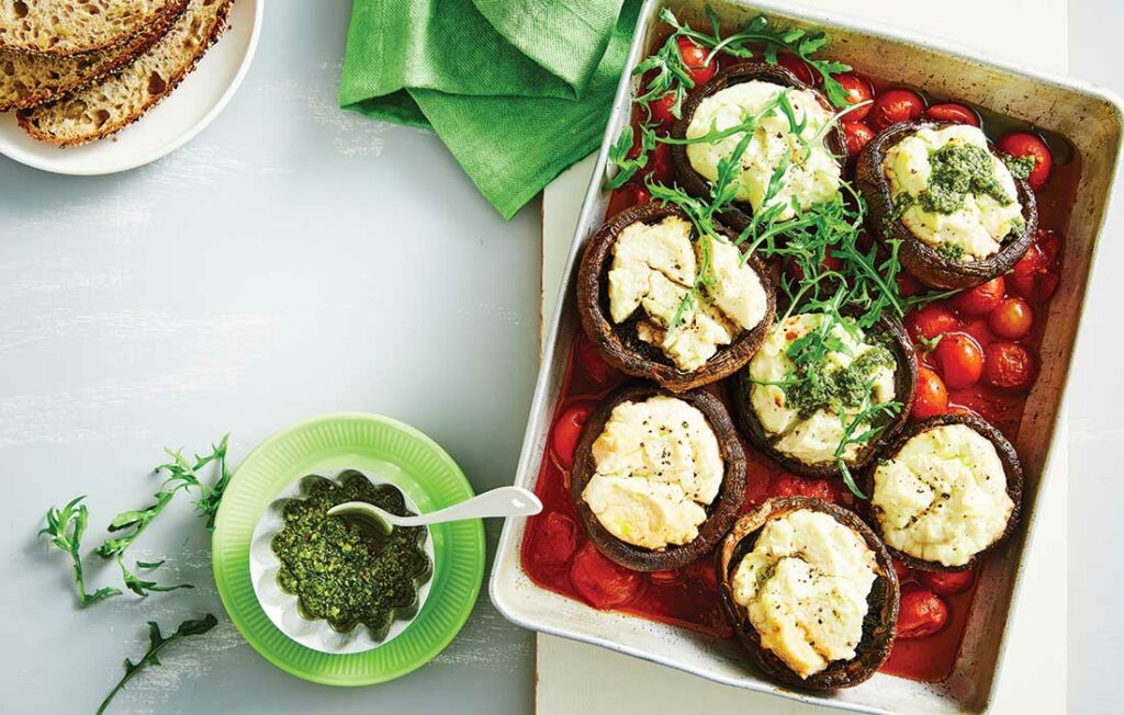 Pesto, ricotta and mushroom traybake
