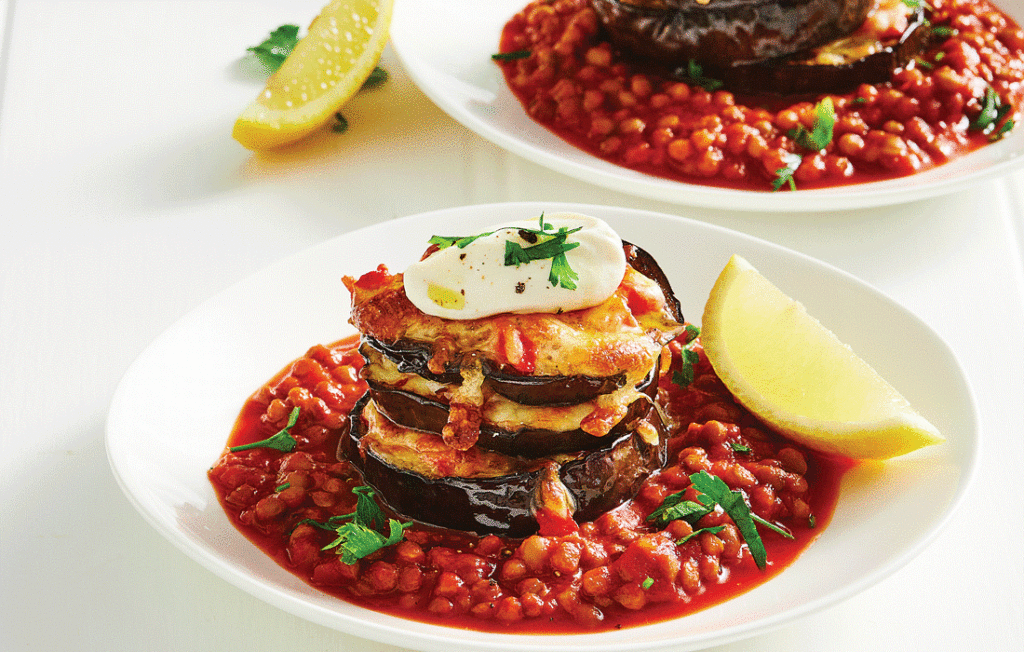 Roasted eggplant stack with lentil passata and tahini yoghurt