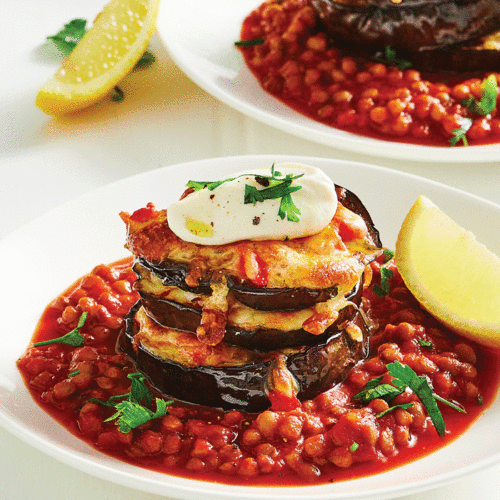 Roasted eggplant stack with lentil passata and tahini yoghurt