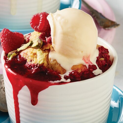 Vanilla and raspberry self-saucing puddings