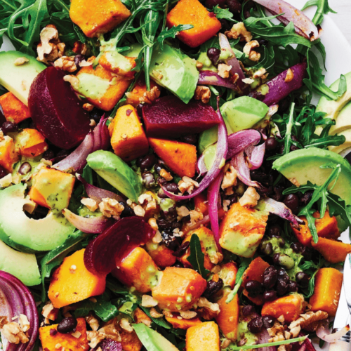 Roasted veg, avocado and walnut salad