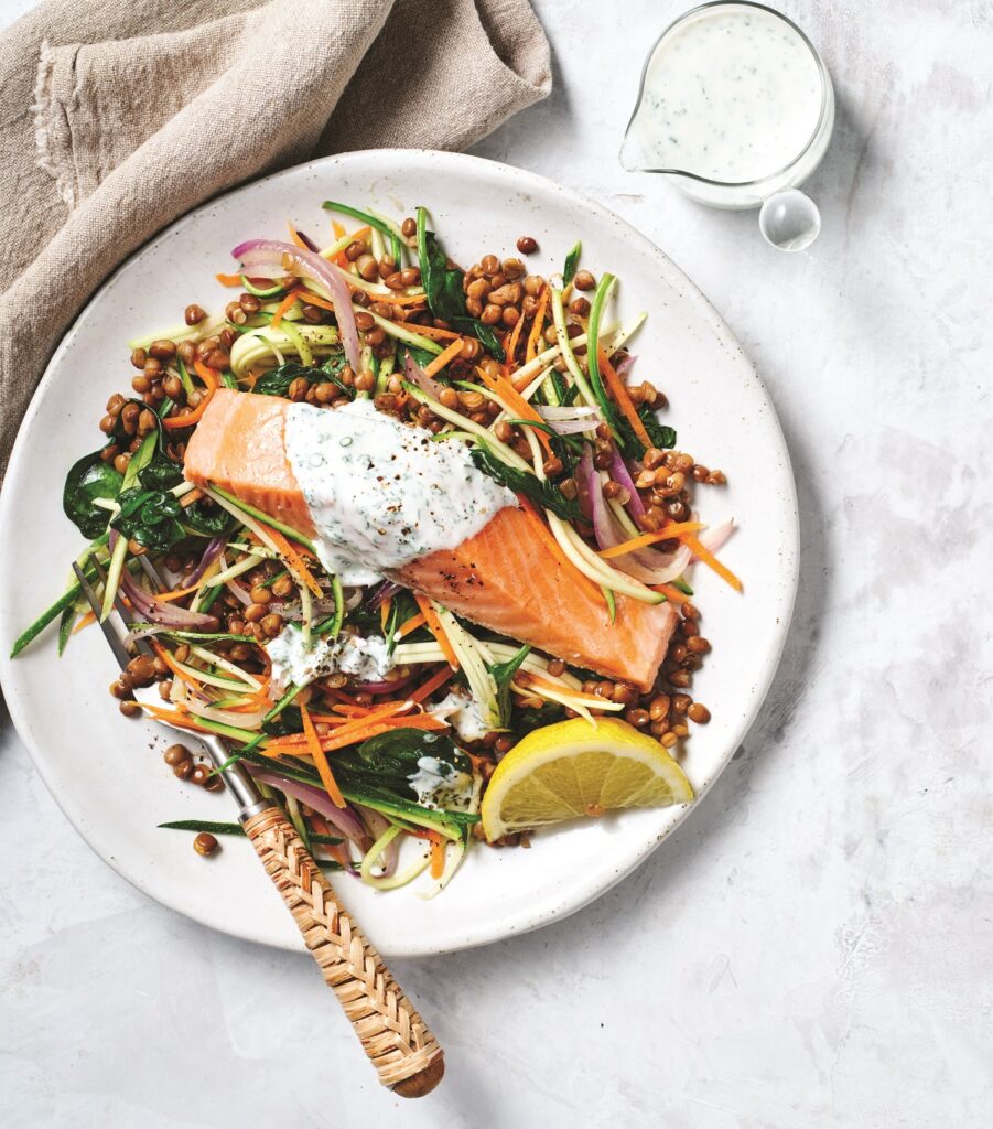 Baked salmon with warm lentil salad