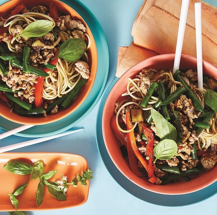 Chinese pork and eggplant stir-fry with egg noodles Chinese pork and eggplant stir-fry with egg noodles