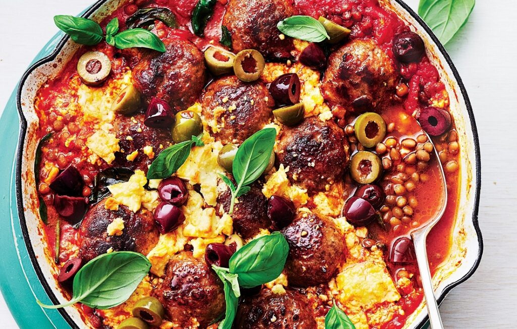 Baked pork meatballs with feta and olives