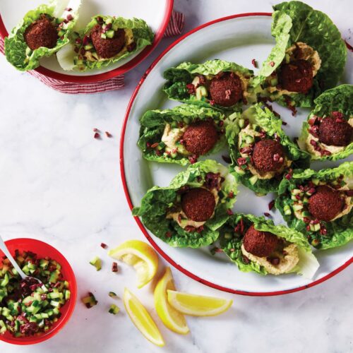 Falafel lettuce wraps with pickled onions