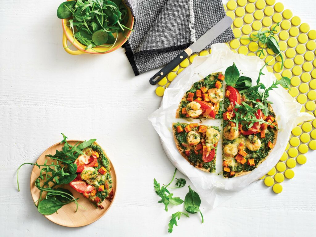 Garlic prawn pizza with rocket pesto Garlic prawn pizza with rocket pesto p40 issue 205