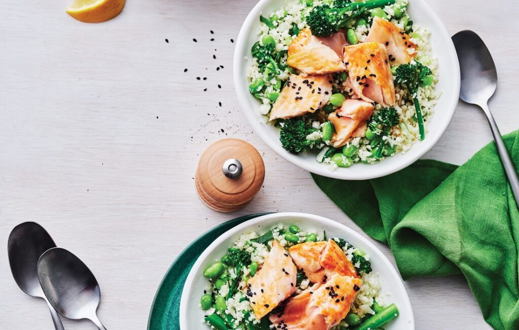 Miso-glazed salmon with edamame cauliflower rice