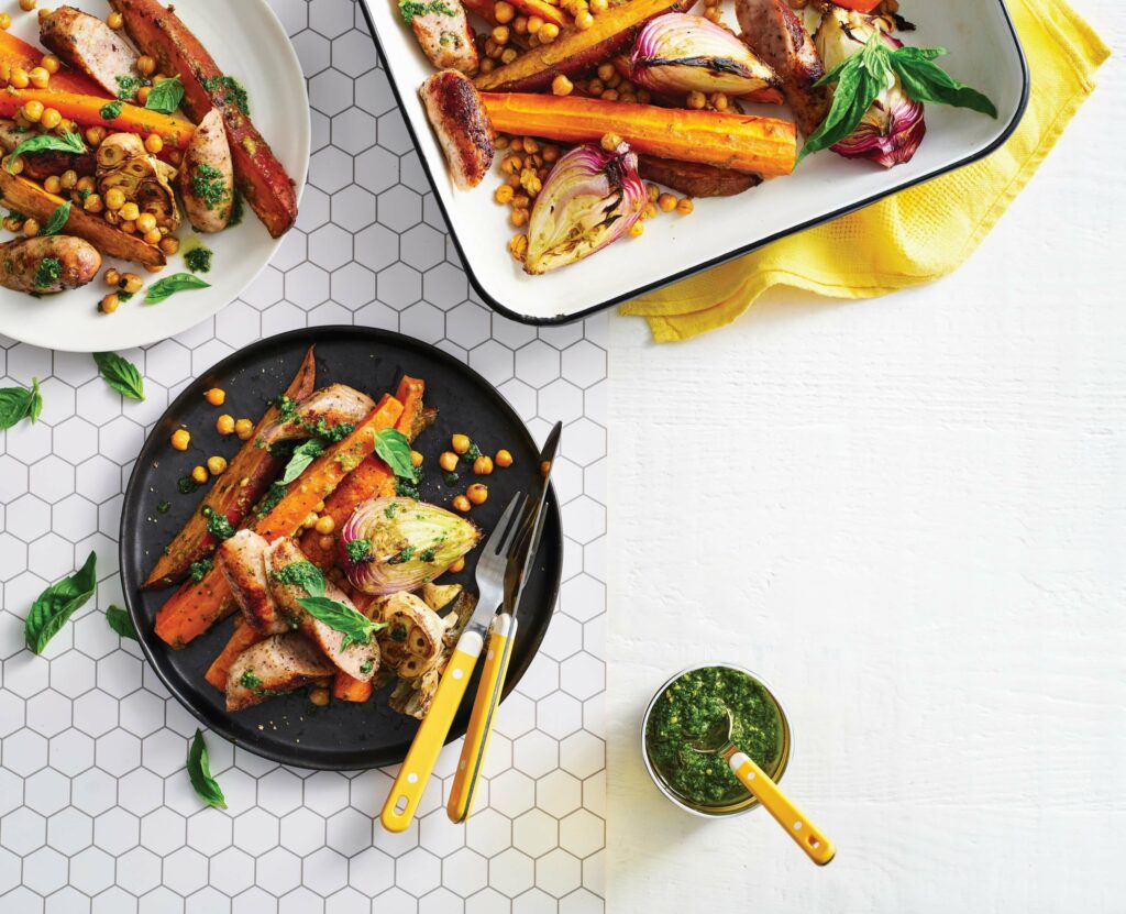 Pork sausage and vegie traybake with basil pesto Pork sausage and vegie traybake with basil pesto p43 issue 205