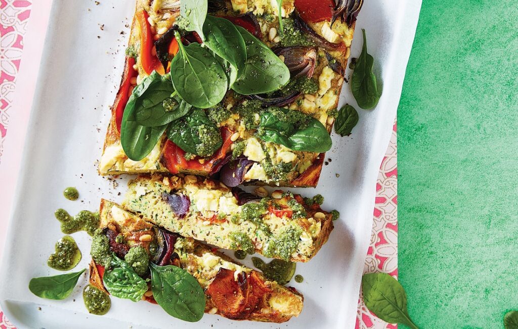 Pumpkin, feta and pine nut zucchini slice