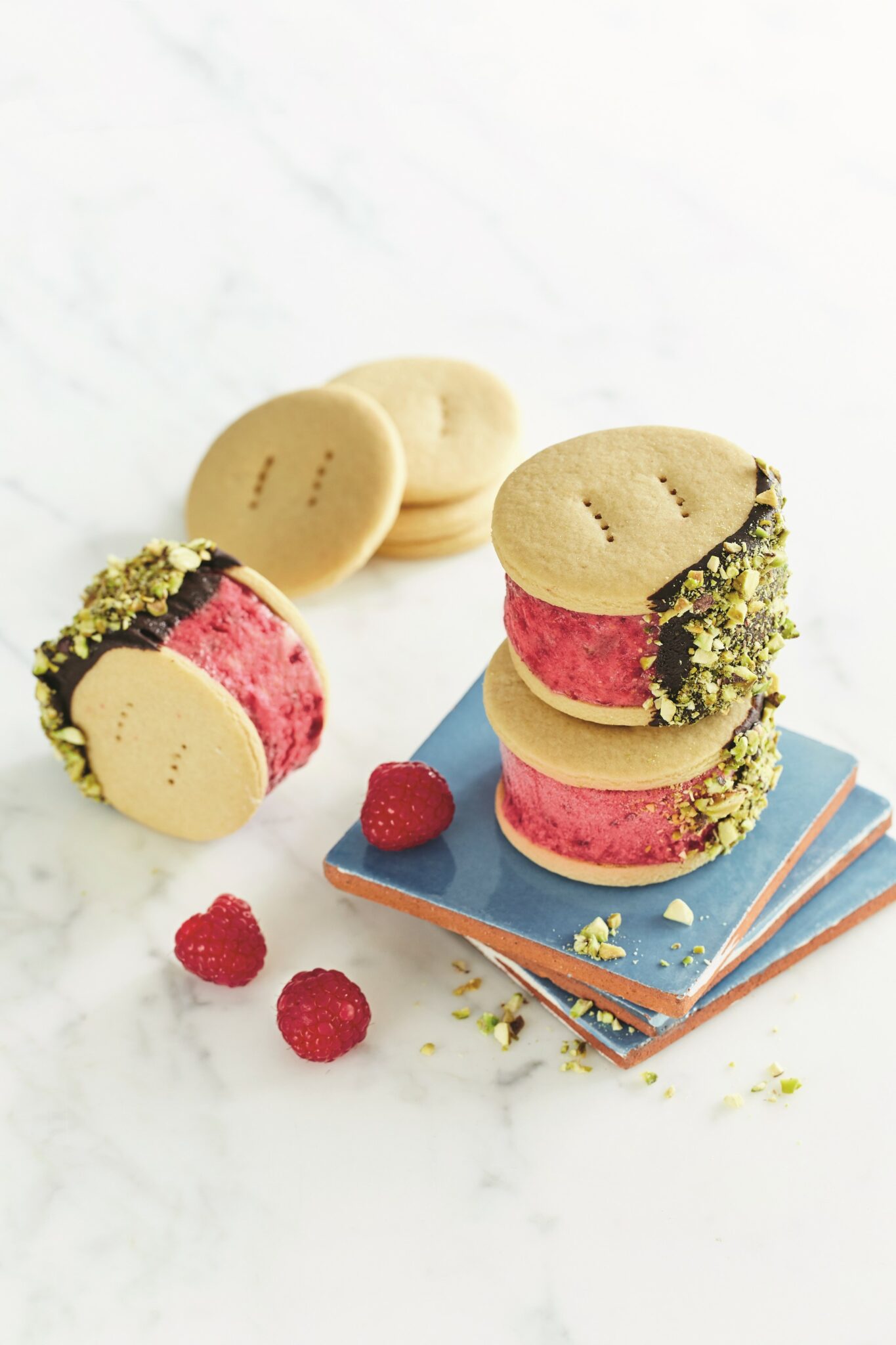 Raspberry pistachio ice cream sandwiches