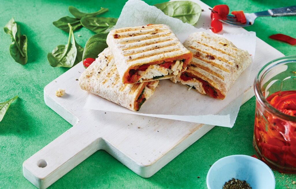 Spinach, roasted pumpkin and chicken wrap