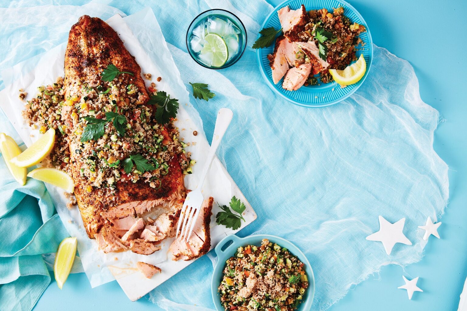 Baked harissa salmon with warm lentil salad