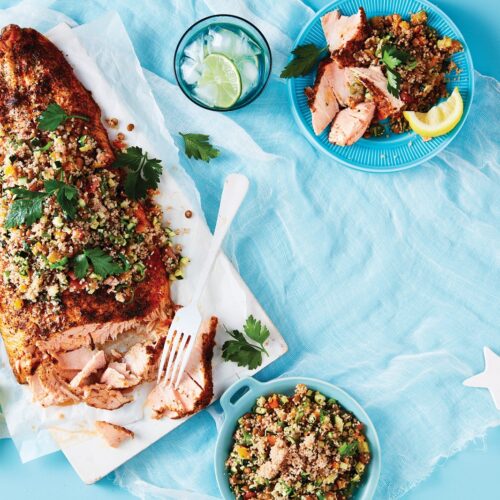Baked harissa salmon with warm lentil salad