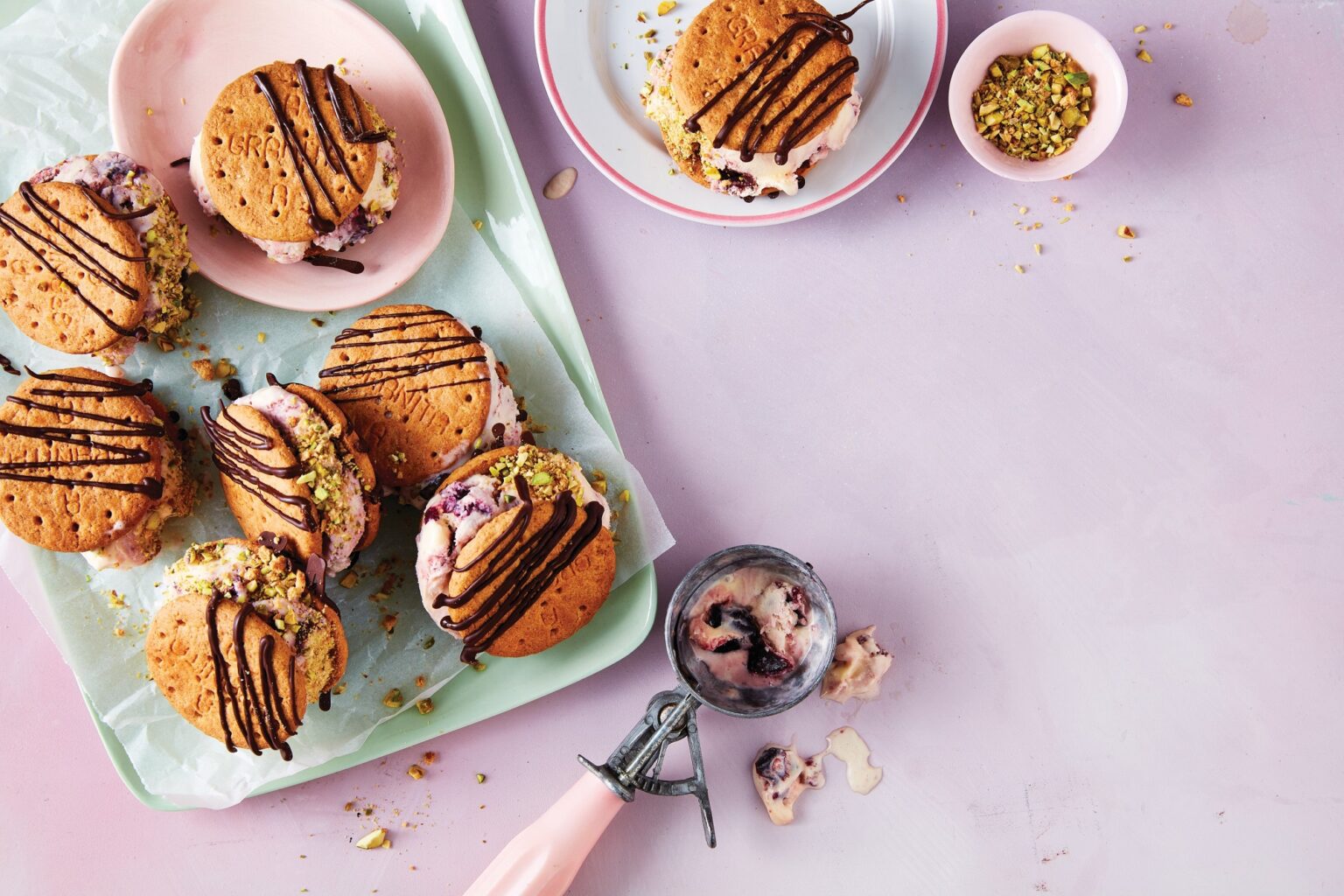 Cherry swirl choc ice cream sandwiches