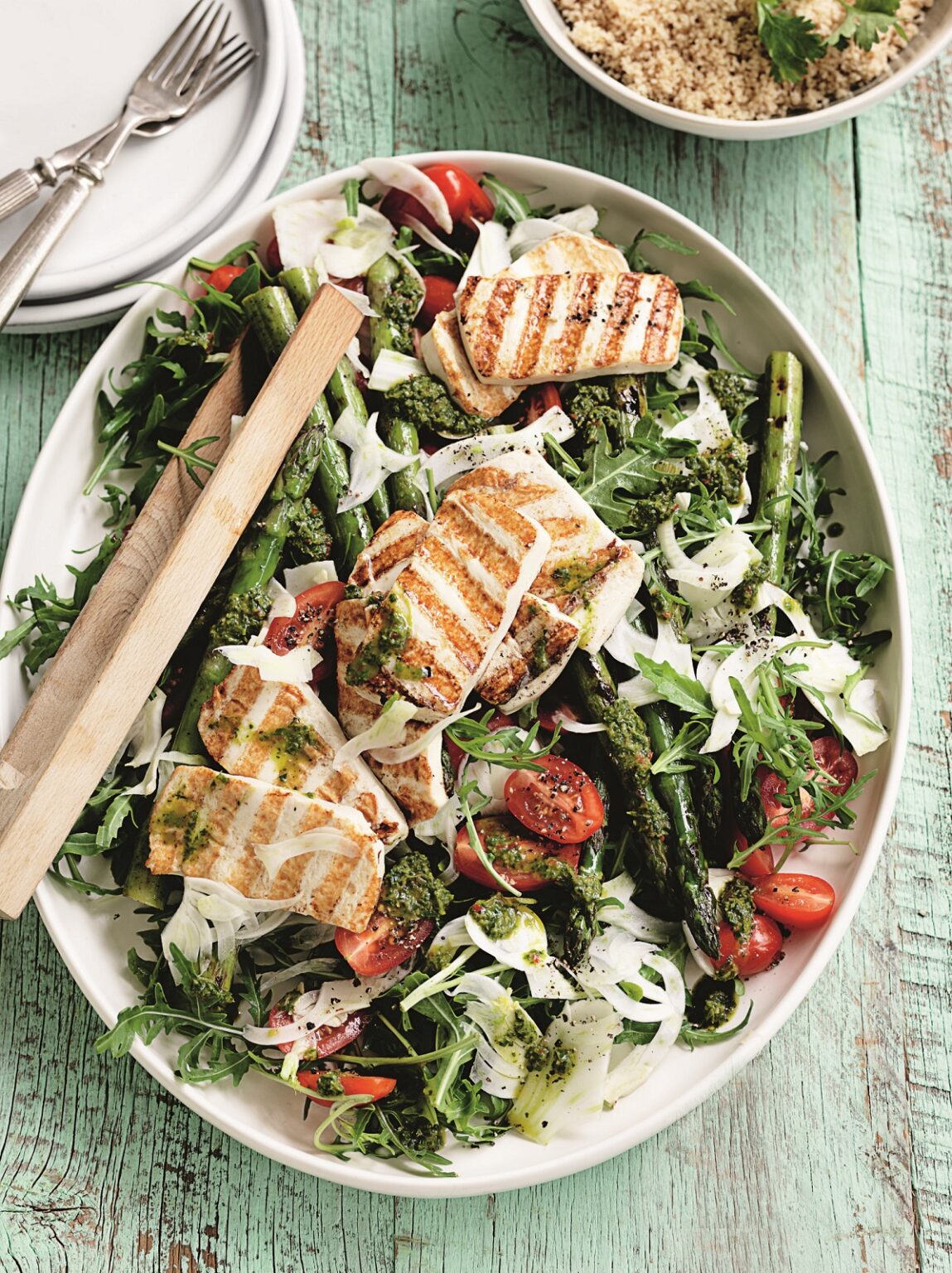 Chimichurri tofu with grilled asparagus and fennel salad