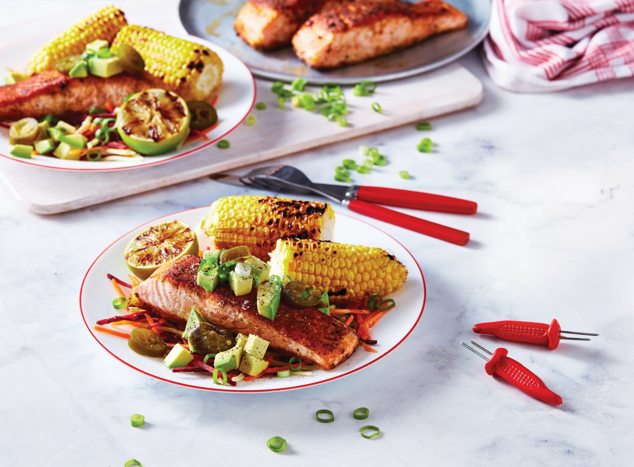 Summer salmon with charred lime corn