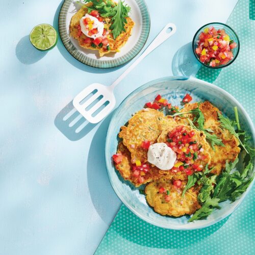 Corn and zucchini fritters with salsa and lime mayo