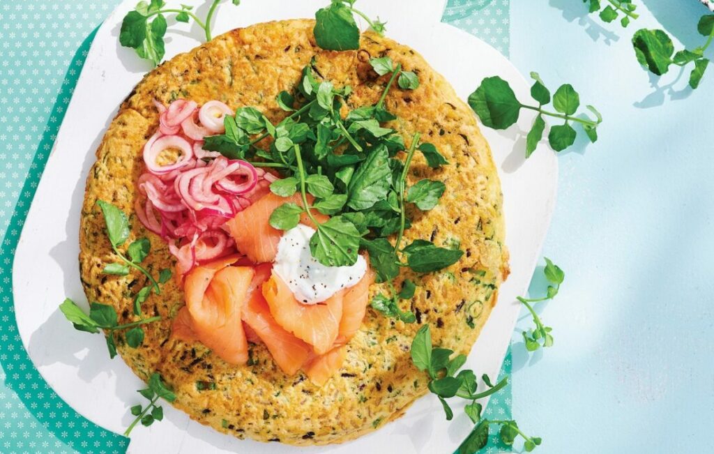 Kale fritter with smoked salmon and tzatziki