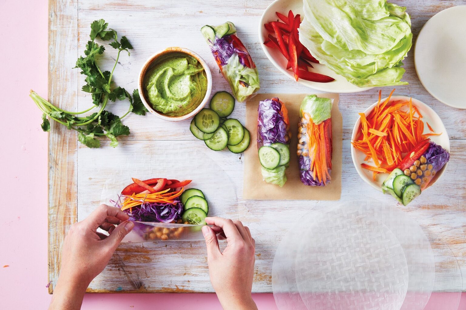 Rainbow vegie rice paper rolls with coriander sauce