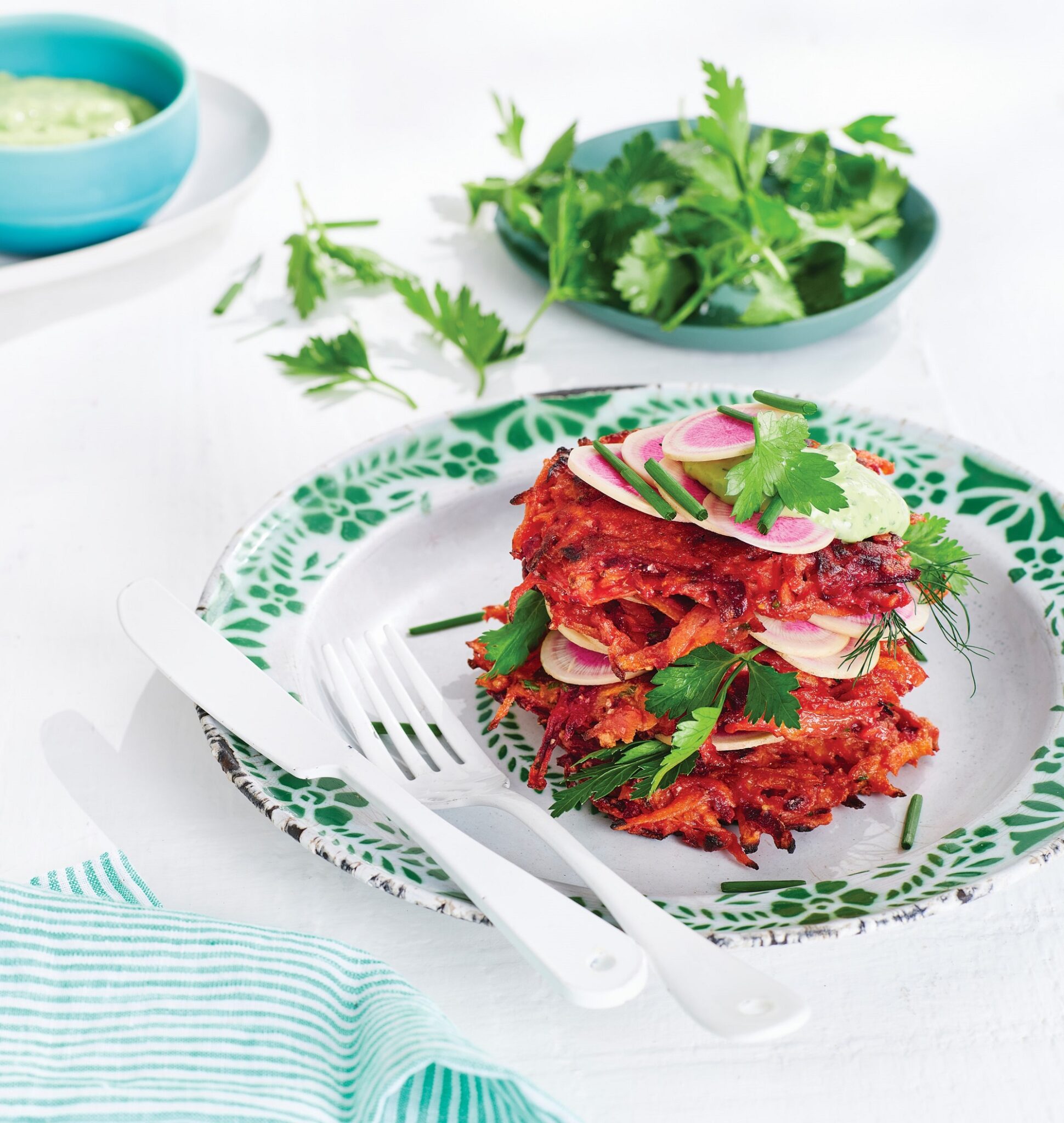 Sweet potato and beetroot rosti with jalapeno dressing