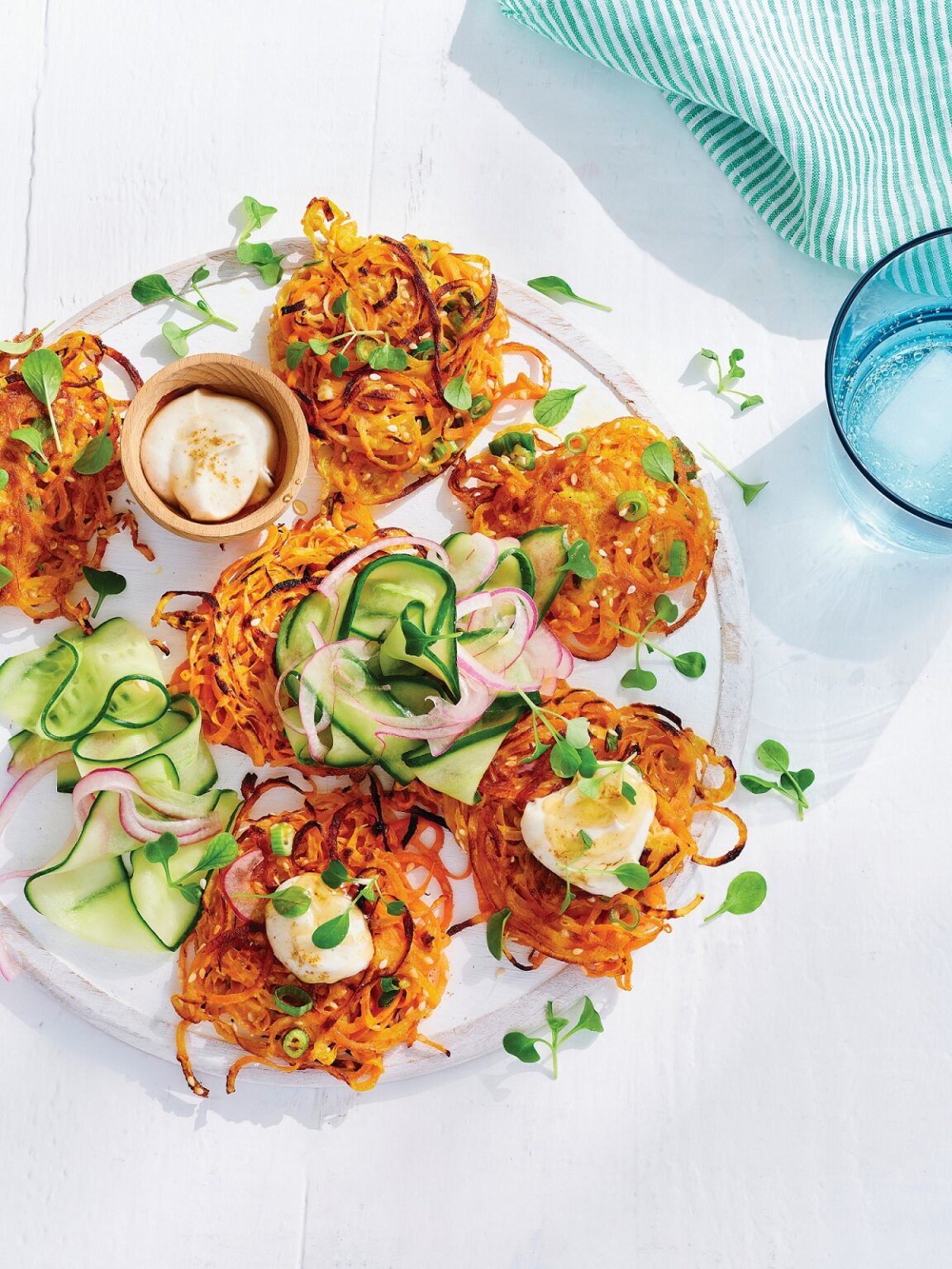 Sweet potato and carrot latke with pickled cucumber   