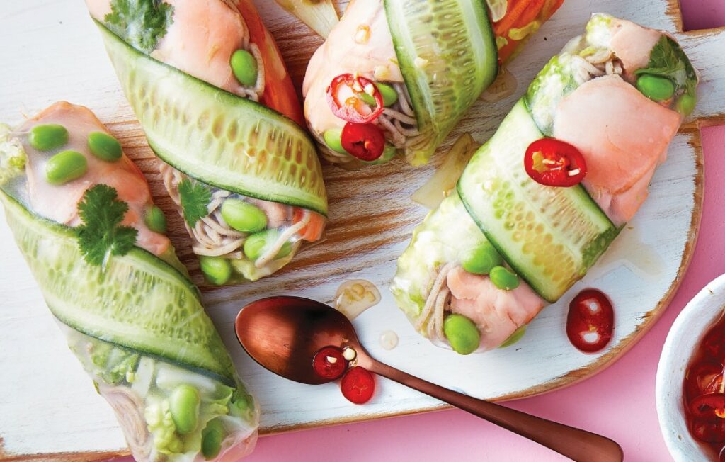 Tamari salmon rice paper rolls