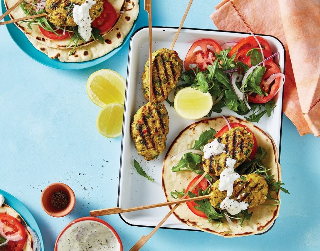 Spicy chicken koftas with pita bread and tzatziki