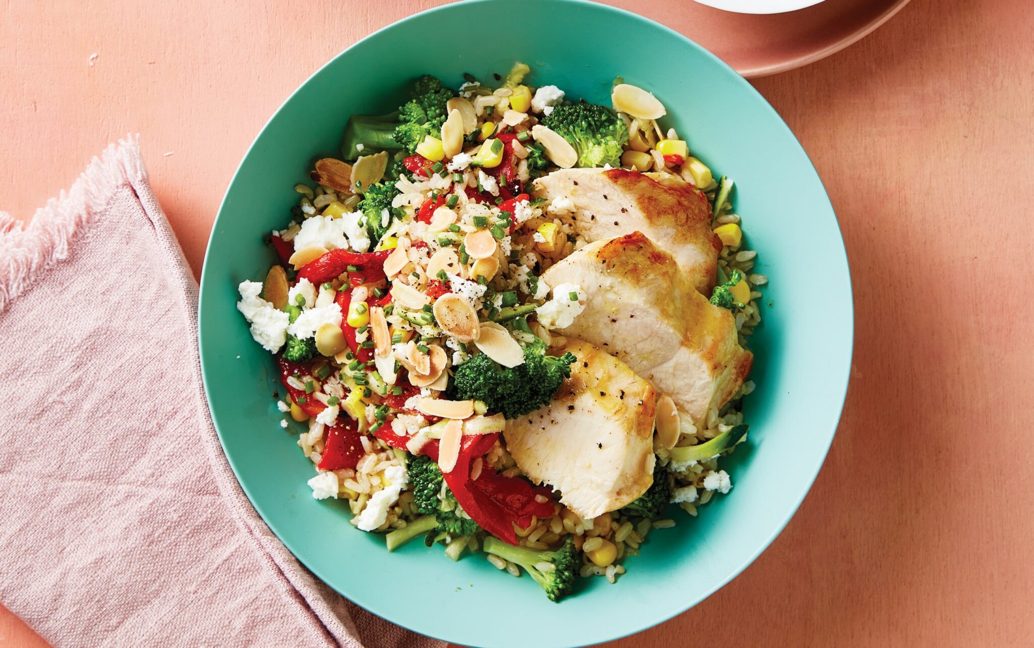 Warm brown rice and chicken salad