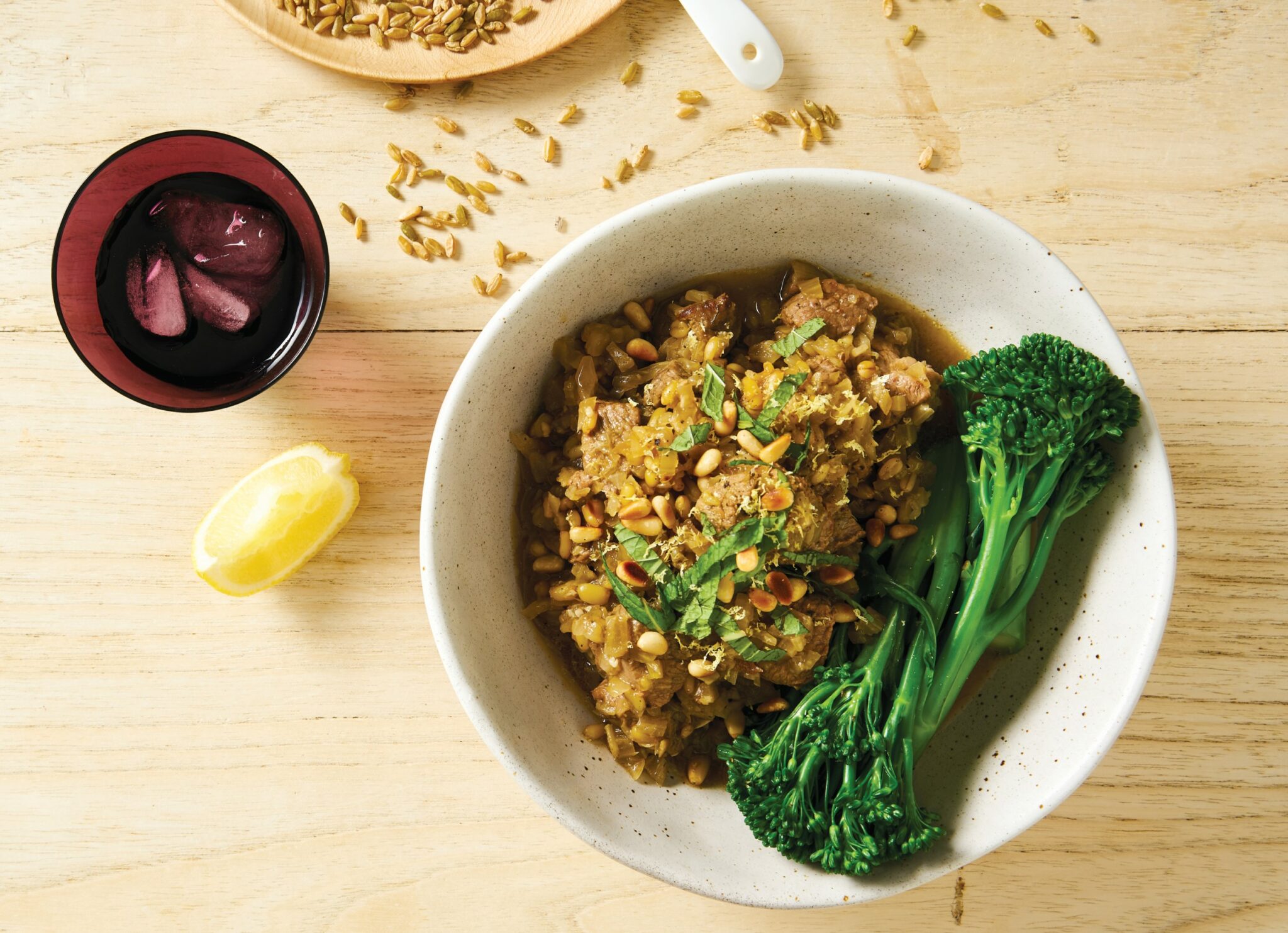 Lamb and freekeh stew with mint relish