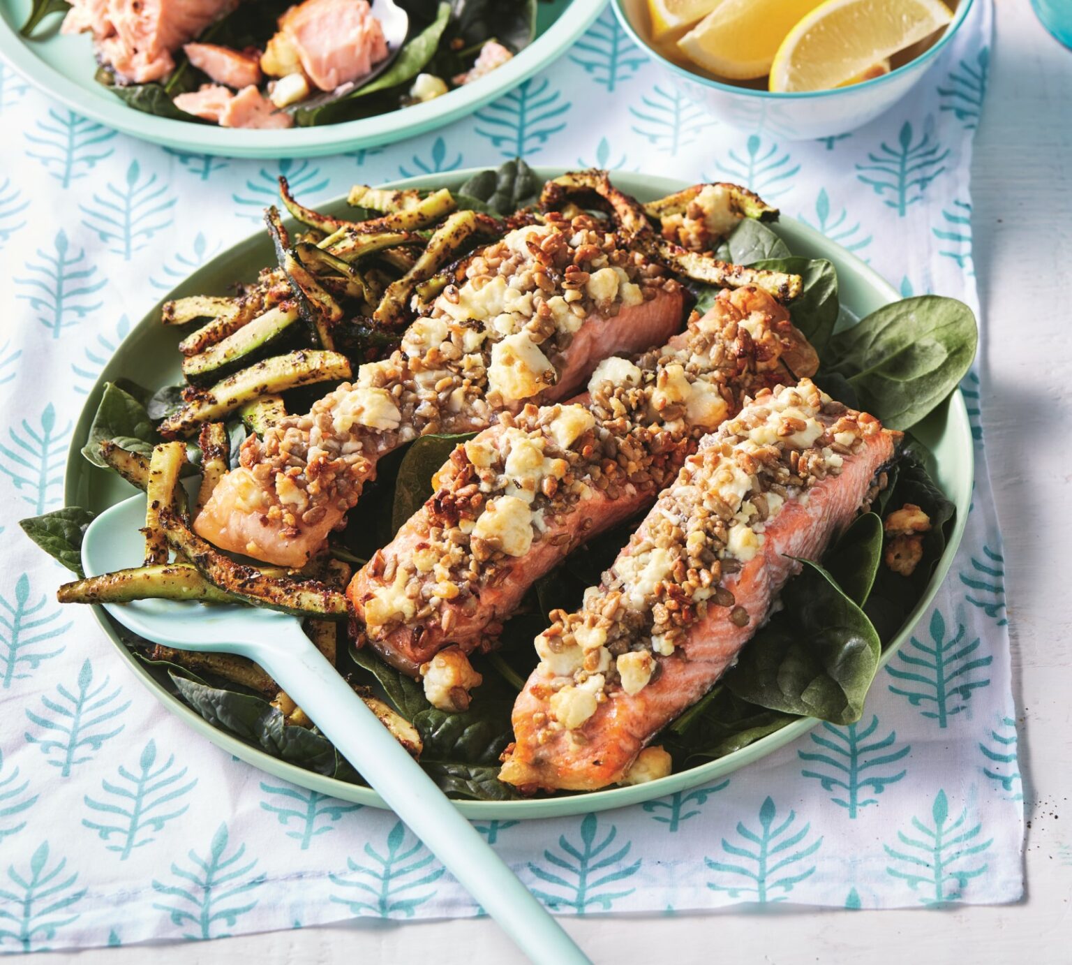 Air-fryer feta and sunflower seed-crusted salmon with zucchini parmesan fries 