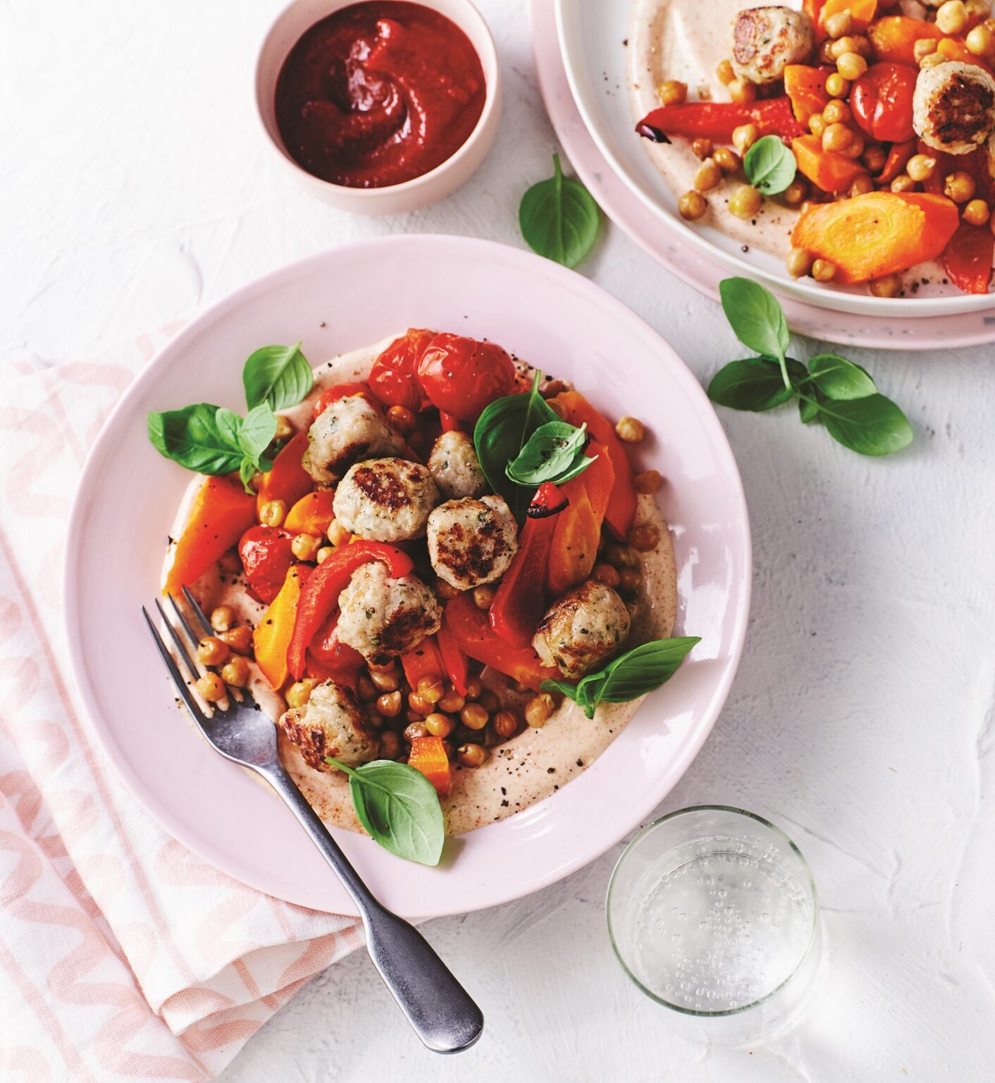 Quick chicken meatballs with crispy chickpeas