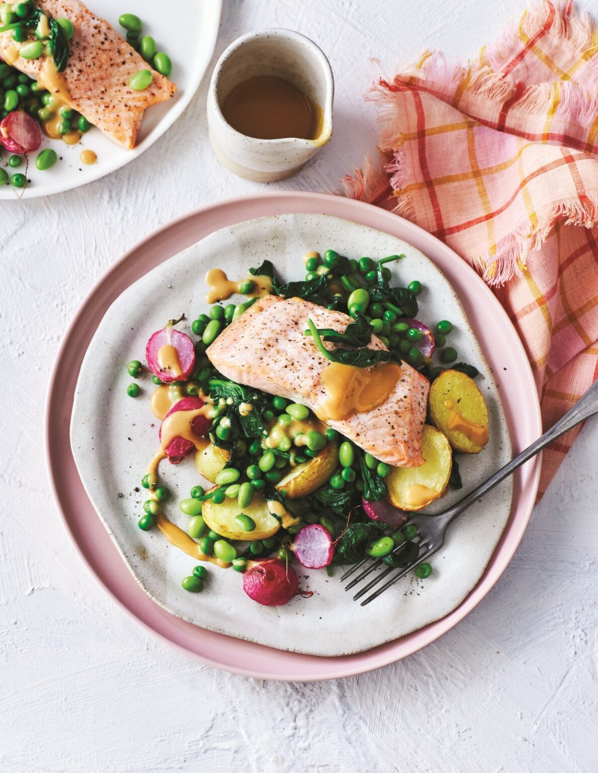 Salmon, radish and potato bake with mustard miso sauce