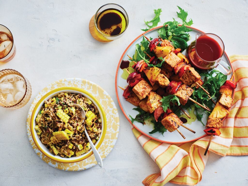 Sweet ‘n’ spicy tempeh and vegie skewers with rice Sweet ‘n’ spicy tempeh and vegie skewers with rice