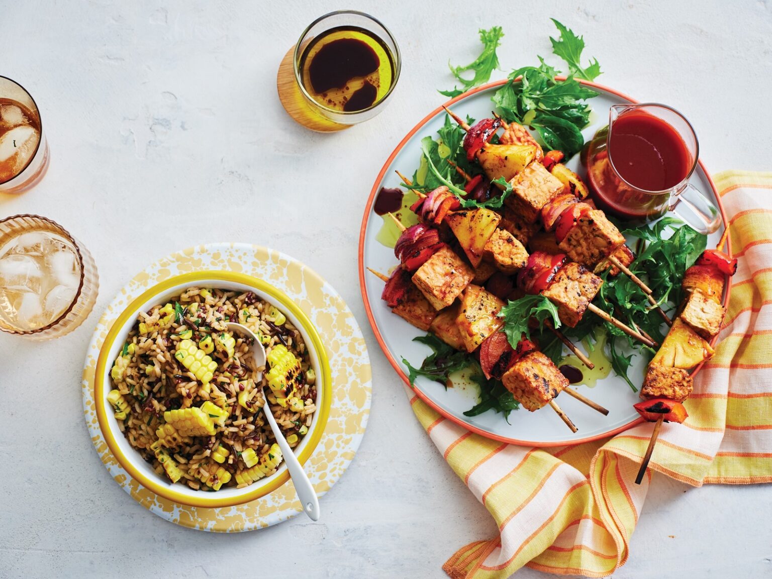 Sweet ‘n’ spicy tempeh and vegie skewers with rice