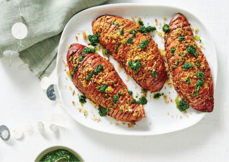 Hasselback sweet potatoes with crispy rosemary breadcrumbs