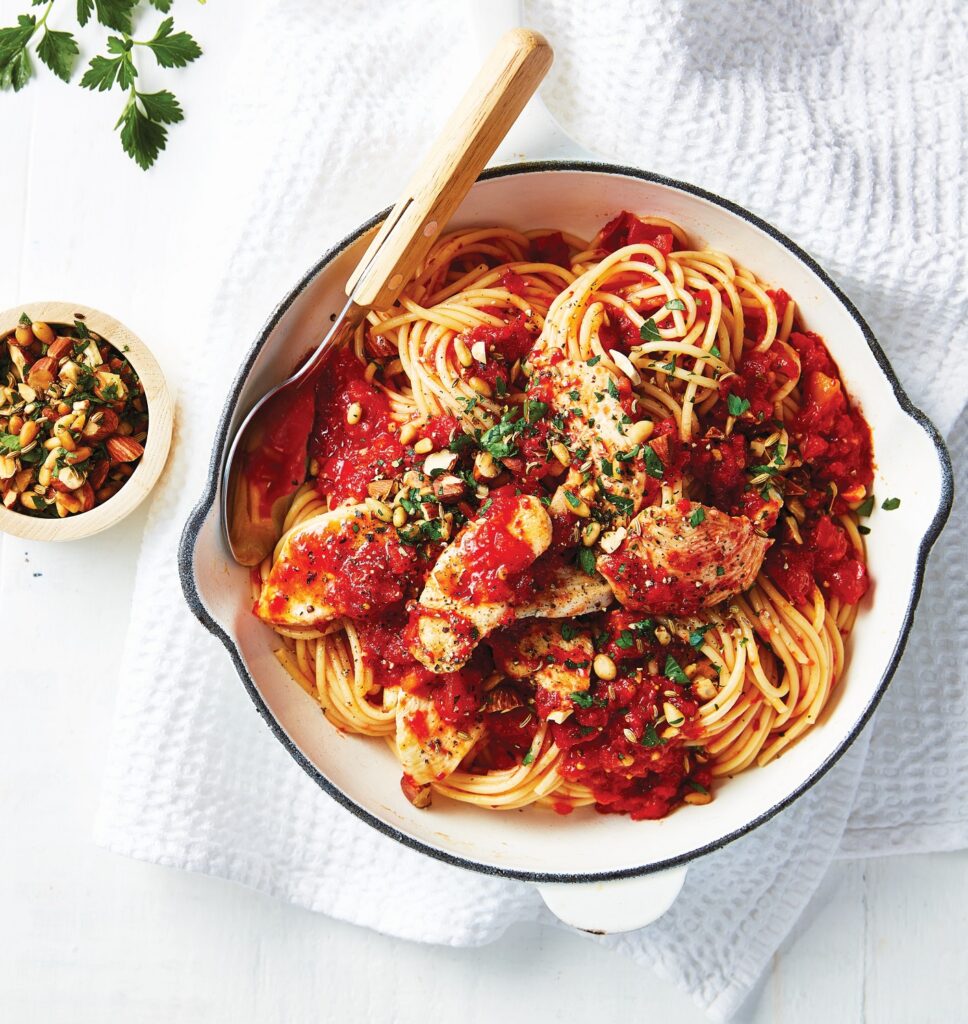 Red pepper pasta with chicken and nut pangrattato