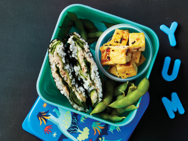 Onigirazu Sushi sandwich with edamame and tofu bites Onigirazu Sushi sandwich with edamame and tofu bites