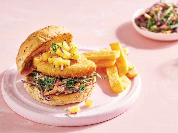 Crumbed fish burgers with pineapple salsa & chips Crumbed fish burgers with pineapple salsa & chips