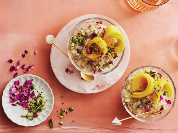 Kheer with cardamom, golden raisins & mango Kheer with cardamom, golden raisins & mango