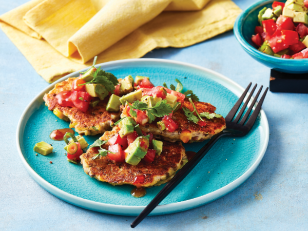 Lentil and corn fritters with tomato and avocado salsa Lentil and corn fritters with tomato and avocado salsa
