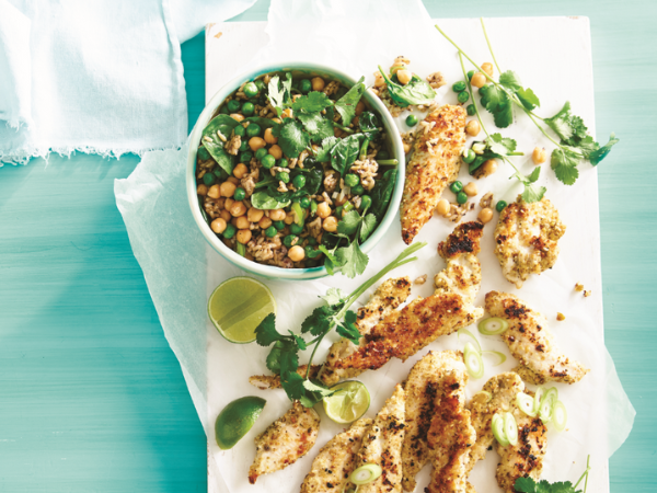 Coconut chicken tenders with spinach and rice Coconut chicken tenders with spinach and rice