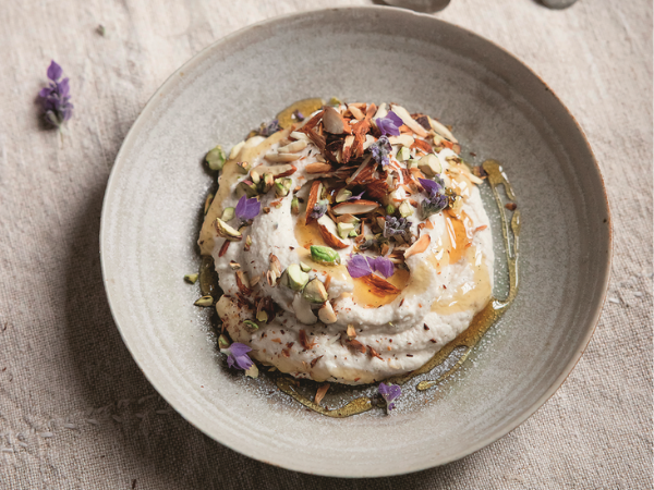 Almond ricotta with toasted almonds, lavender and coconut syrup Almond ricotta with toasted almonds, lavender and coconut syrup