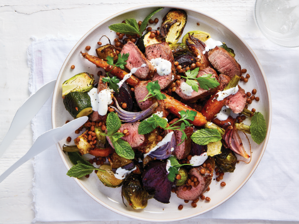 Warm winter salad of roast vegetables, lamb and lentils Warm winter salad of roast vegetables, lamb and lentils